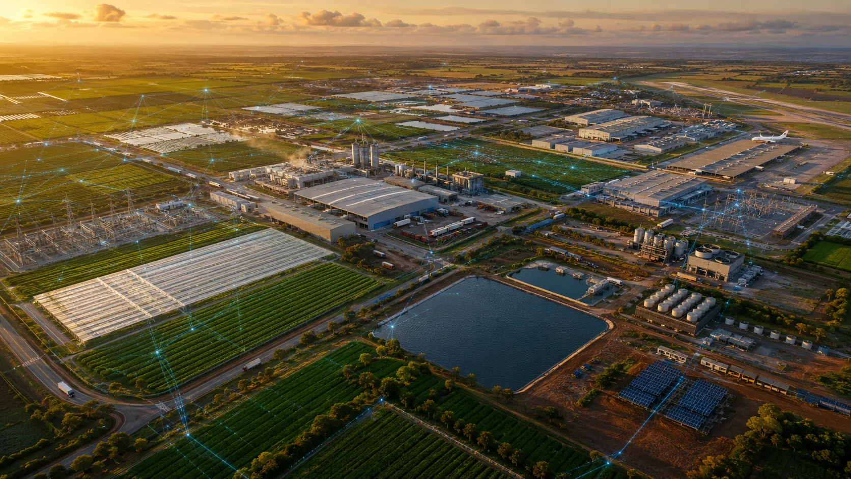 Conceptual aerial view of the Kgatleng Agropark digital operating environment across farms, industrial assets and utilities