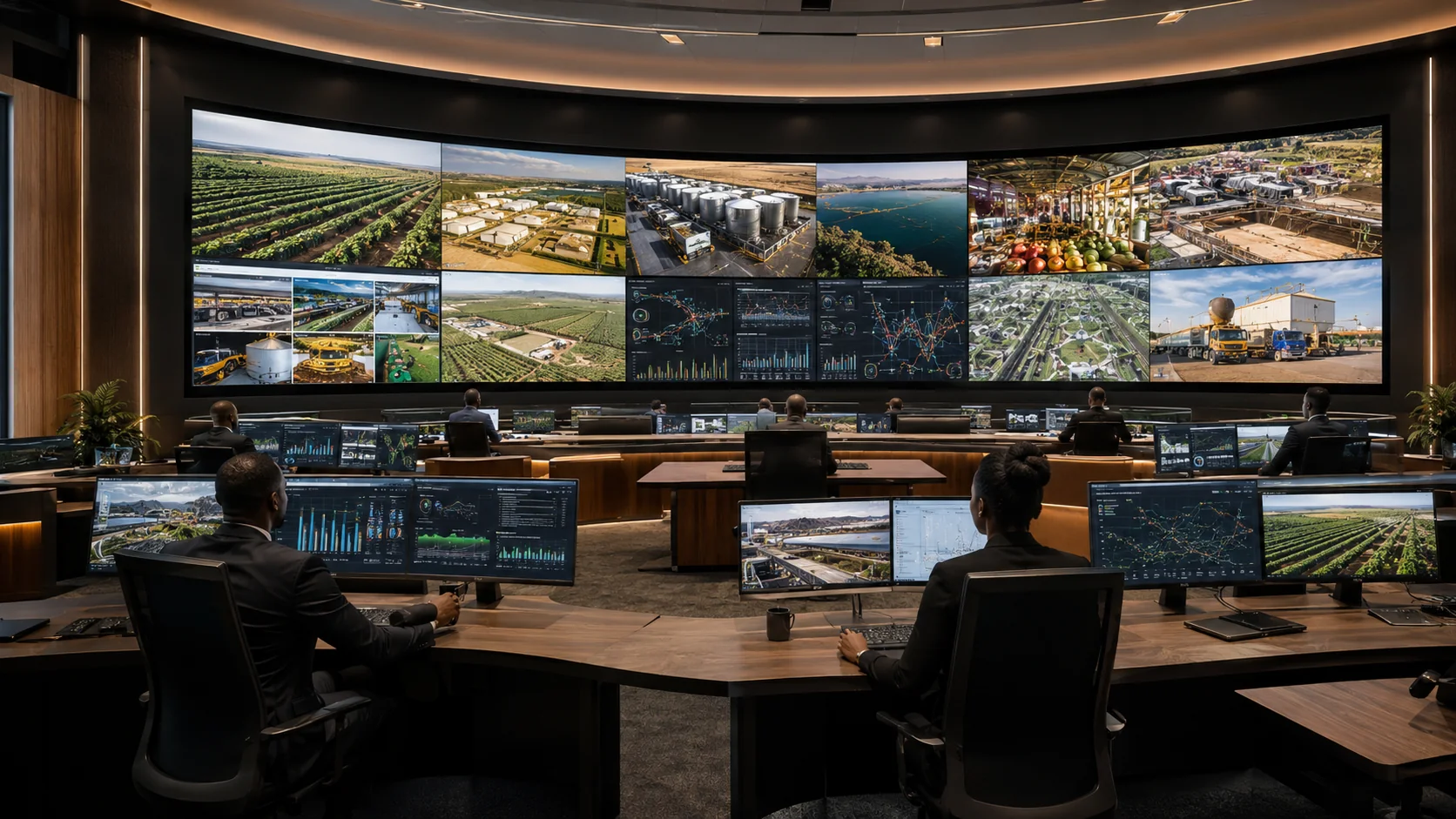 Conceptual executive control room displaying Agropark production, logistics, utilities and market data