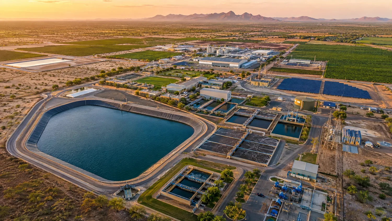 Illustrative aerial view of an integrated agro-industrial platform with water, production and industrial infrastructure