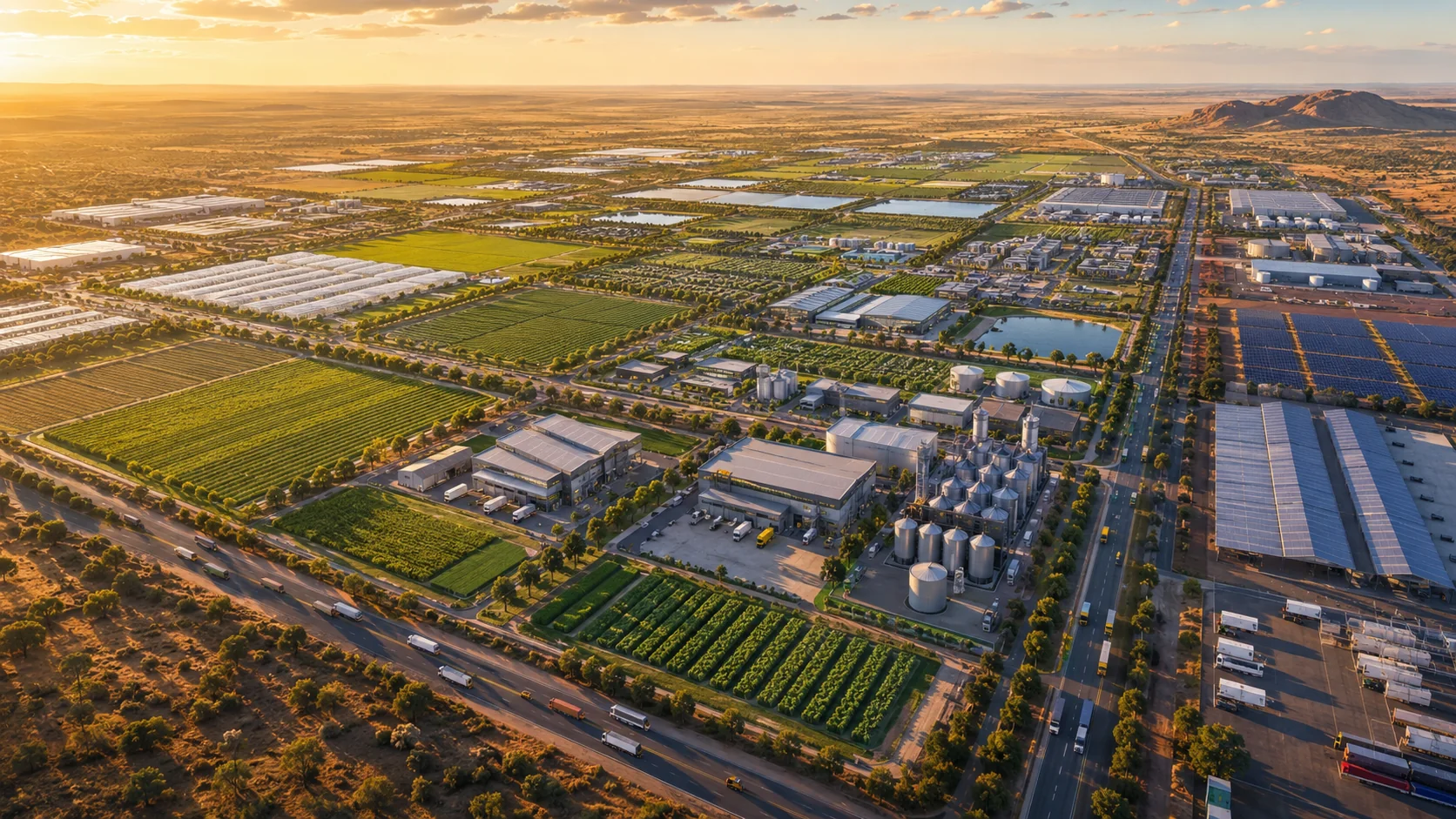 Conceptual aerial view of the integrated Kgatleng Agropark food-industrial ecosystem