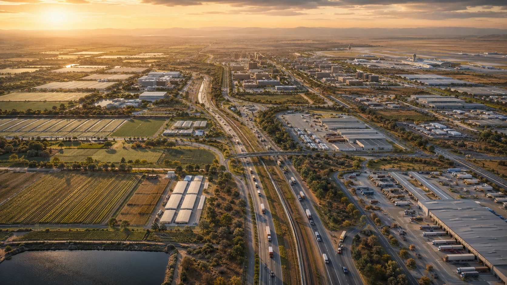 Illustrative aerial view of integrated logistics, farming and industrial movement corridors