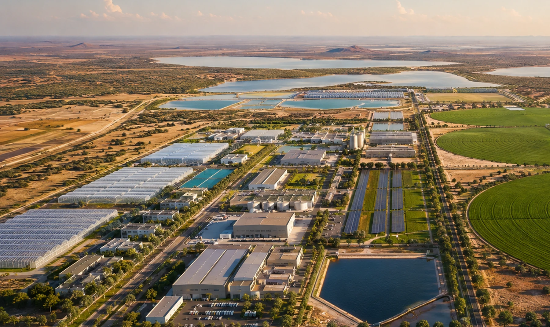 Conceptual water reservoirs and treatment infrastructure serving the Agropark
